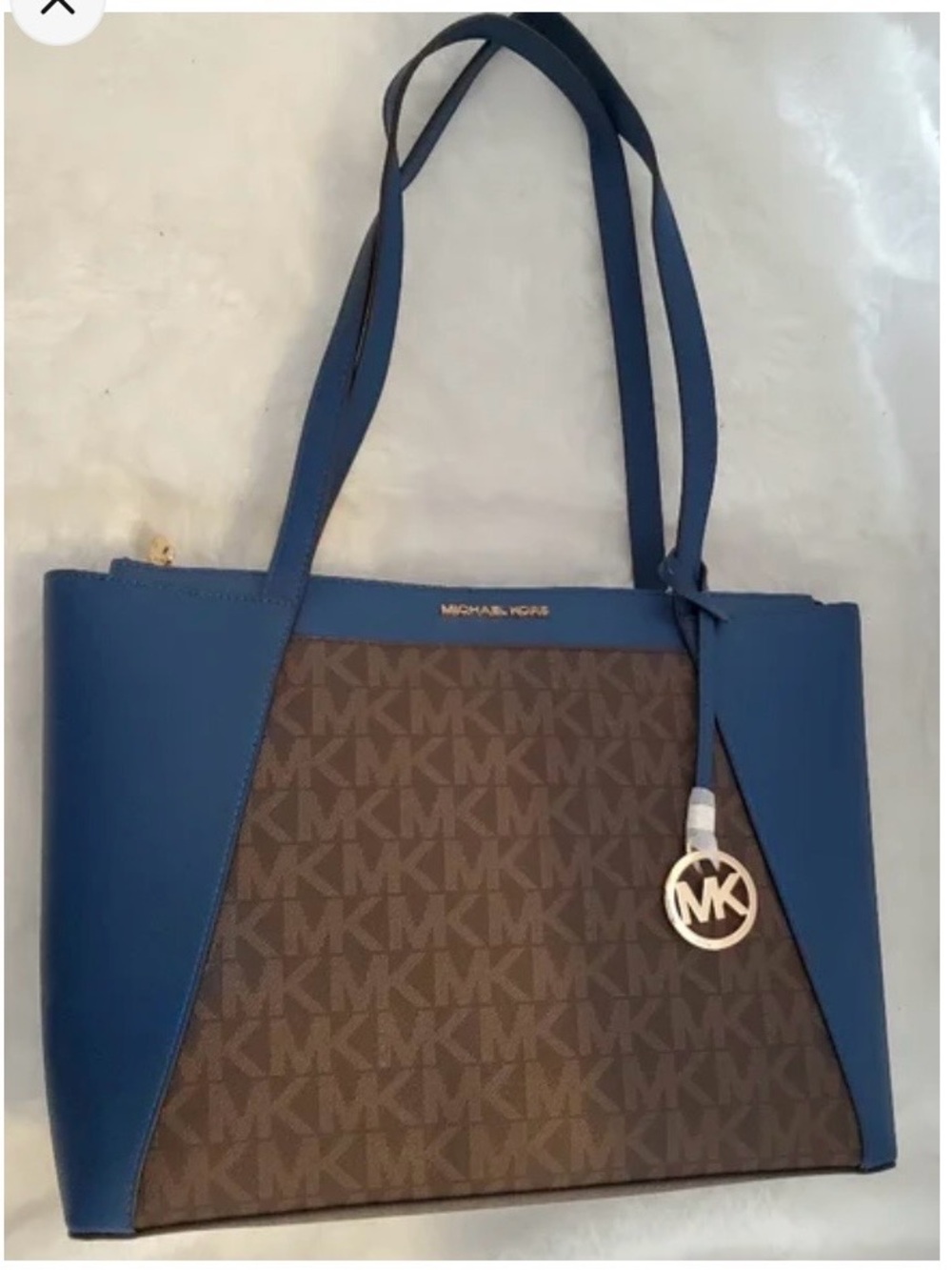 Michael Kors Blue and Brown Signature MK Tote with Gold Charm